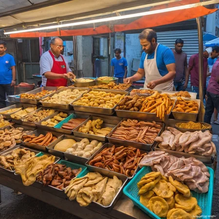 A street food vendor set up along a bustling sidewalk, with a colorful and inviting stall displaying a variety of local delicacies. The vendor is actively preparing or serving food, with steam or smoke rising from cooking equipment, adding to the ambiance. The background captures the lively street scene with pedestrians showing interest in the food. The scene should be as realistic as a high-resolution photograph, with natural lighting that highlights the vibrant colors and textures of the food and the authenticity of the street setting,   <lora:t9m:0.65>