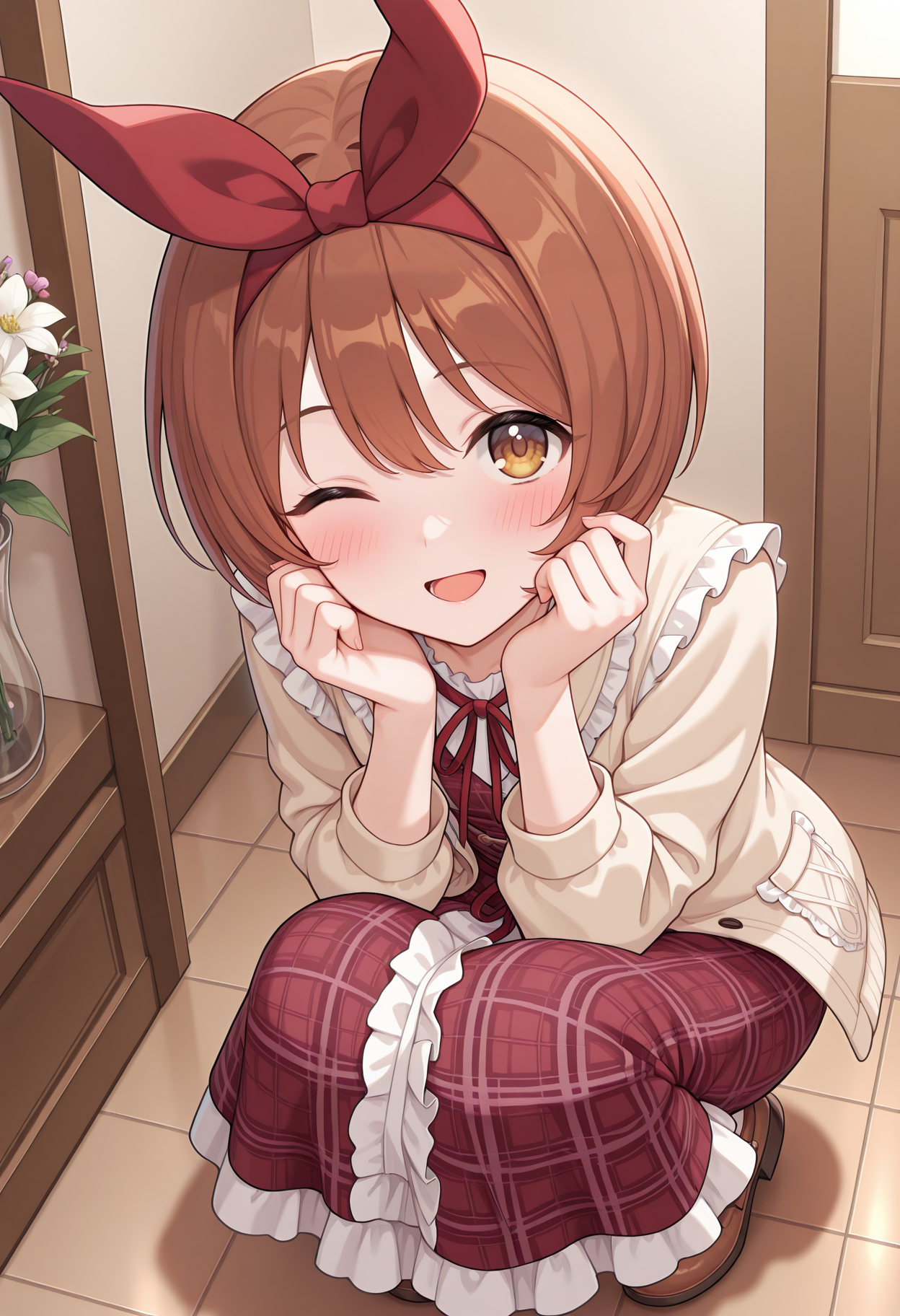 highres, best quality, masterpiece, indoors,
1girl, solo, rlpkrmi, short hair, brown hair, hairband, hair ribbon, brown eyes,
red ribbon, plaid dress, red dress, beige jacket, long sleeves, brown footwear, white frills, 
looking at viewer, blush, smile,
squatting, one eye closed, open mouth, from above, flower,
<lora:_kurumi_pcr-elesico-ilxl:1>