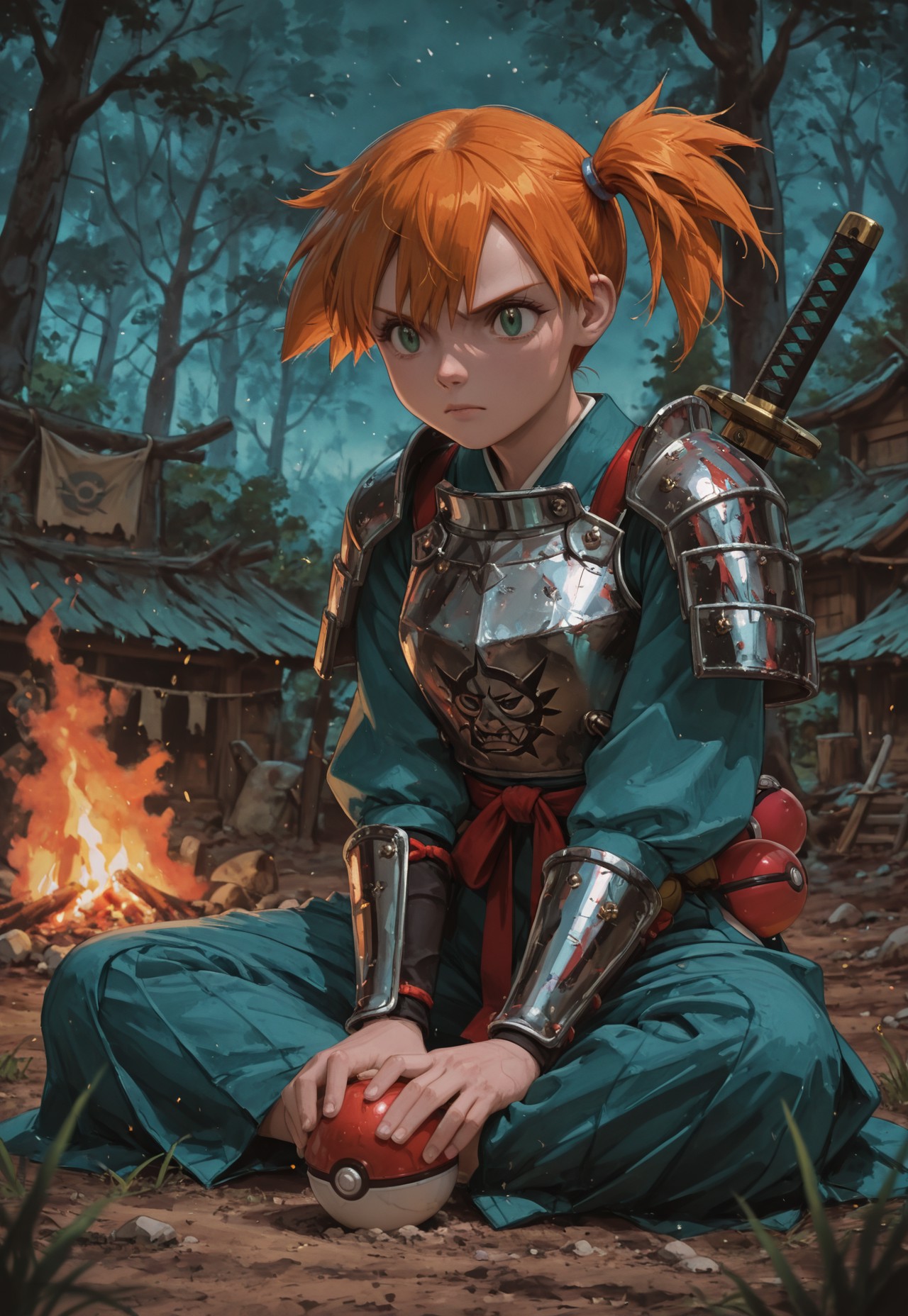 Masterpiece, highest quality, solo, HD eyes (high gradient eyes: 0.45), detailed eyes, high-definition eyes.

Misty_ (Pokemon), green eyes, orange hair, serious look, side ponytail, wearing large white Oni Samurai armor with silver details, a sword buried in the ground next to her, on the ground is an Oni mask, Pokeball_ (Basic), sitting next to a large campfire at dusk, the background is a ruined village in the middle of the dark forest, the scenery is a little creepy.