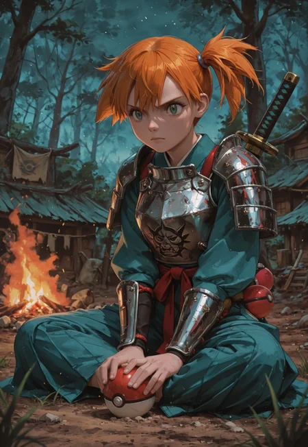 Masterpiece, highest quality, solo, HD eyes (high gradient eyes: 0.45), detailed eyes, high-definition eyes.
Misty_ (Pokemon), green eyes, orange hair, serious look, side ponytail, wearing large white Oni Samurai armor with silver details, a sword buried in the ground next to her, on the ground is an Oni mask, Pokeball_ (Basic), sitting next to a large campfire at dusk, the background is a ruined village in the middle of the dark forest, the scenery is a little creepy.