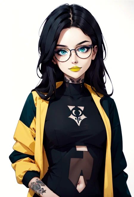 (masterpiece:1.4), (high res), 4k, ((best quality:1.3)), beautiful face, detailed face, ultra-detailed, <lora:anime_screencap_v2:0.3> portrait, solo focus, solo, close-up, facing viewer, (white background, plain background, simple background:1.3), (looking at viewer), androgynous body, teenager, young face, candid photo, 1girl, (Skitter from web serial Worm, long wavy black hair, loose hair, (green eyes), (glasses:1.3))  <lora:breastsizeslideroffset:-.5> relaxed,  (<lora:ColoredLipstick:1> yellow lipstick), (<lora:fakelips_1:1> lip filler), <lora:big_hair-1.0:1> big hair, (open suit jacket), bra, suit pants, middrift, (colorful tattoos, chest tattoo,  body writing, belly tattoo, pubic tattoo, ),   <lora:Defaults17Style v3:.7> Defaults17Style