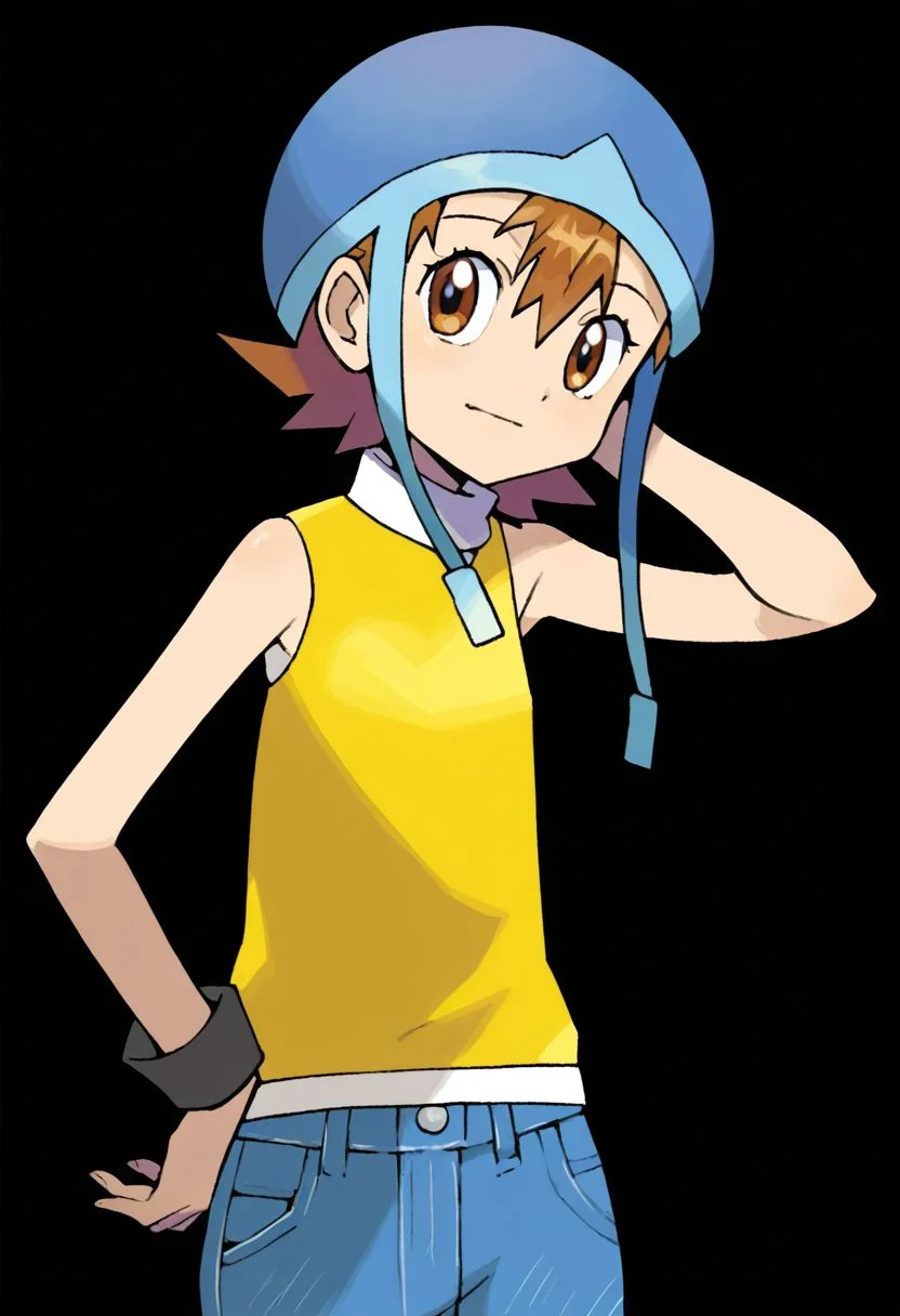zPDXL, score_9, score_8_up, score_7_up, source_anime, <lora:Digimon_v2-15:0.8> digimon, 1girl, solo, sora, brown hair, brown eyes, short hair, hair between eyes, blue helmet, hat straps, yellow turtleneck, sleeveless, white collar, jeans, black sneakers,, nervous, arm_behind_head