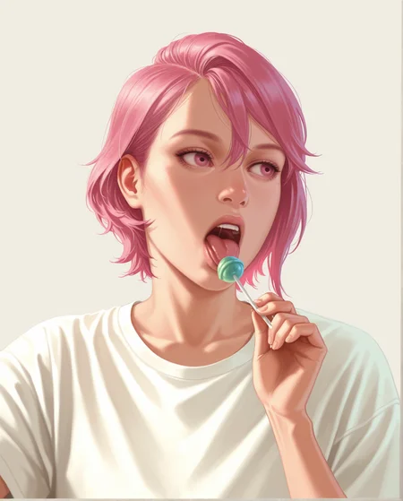 <lora:gta4artstyle_IL_v1>,gta4art,realistic,
1girl,solo,<lora:aira_shiratori-dandadan_s1-ixl-anime-soralz:0.7>,aira shiratori (dandadan),tpink hair,short hair,hair between eyes,pink eyes,white t-shirt,
looking to the side,holding candy,open mouth,tongue out,lollipop,upper body,front view,
simple background,