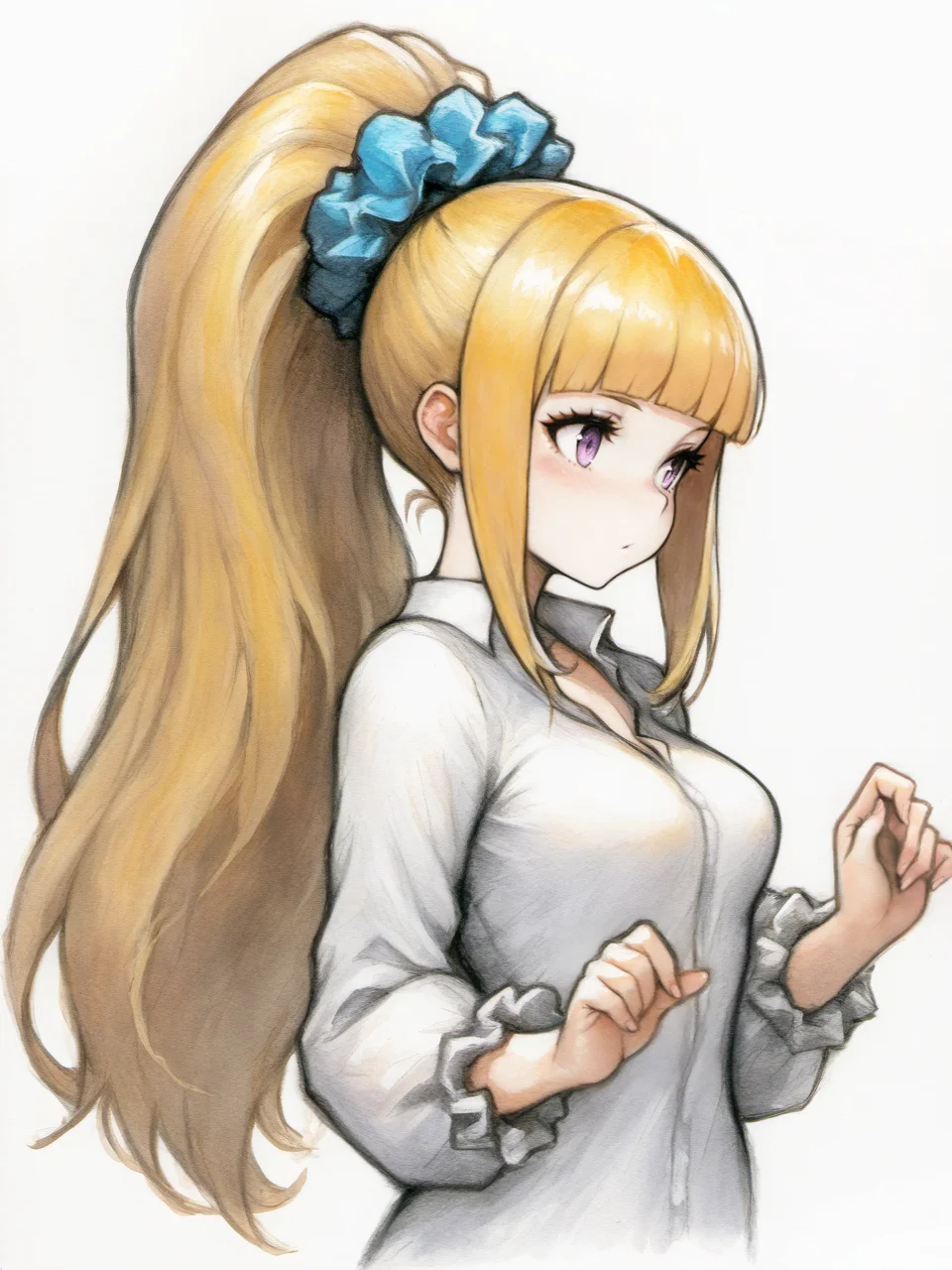 masterpiece, best quality, amazing quality, very aesthetic, high resolution, traditional media, four fingers and a thumb,
octopathstyle, 1girl, long hair, bangs, blunt bangs, purple eyes, blonde hair, hair ornament, ponytail, scrunchie, blue scrunchie, medium breasts, white background,
<lora:naoki_ikushima_octopath_v1_illustrious_epoch_7:0.8>,
<lora:NOOB_EPSv1_1_detailer_by_vlnvk_v1_0:1>,