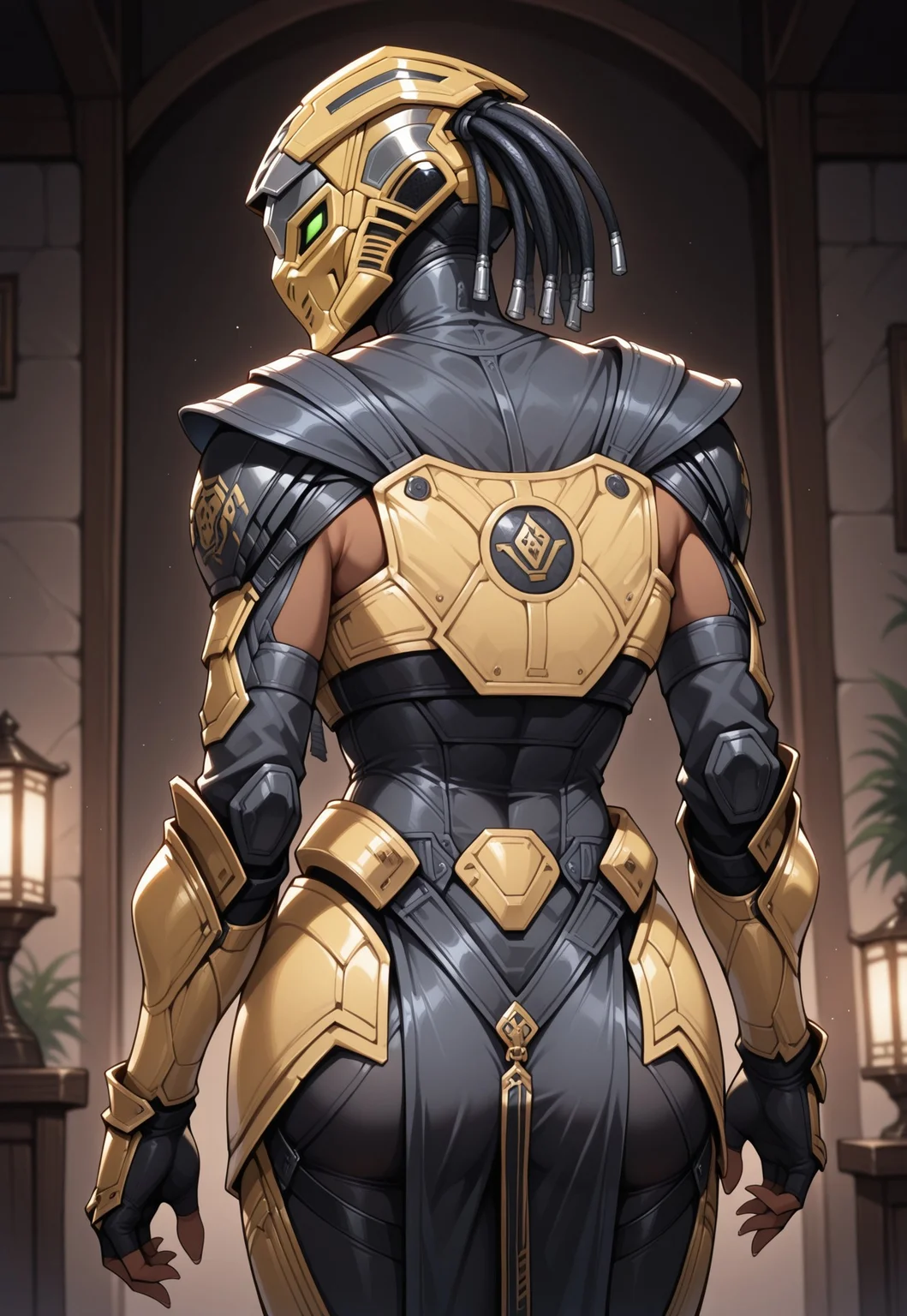 masterpiece, best quality, detailed, realistic, from behind, 1girl, solo, Cyrax, Helmet, mask, green eyes, dark-skinned female, Black bodysuit, shoulder armor, breastplate, gauntlets, fingerless gloves, leg armor, pelvic curtain,