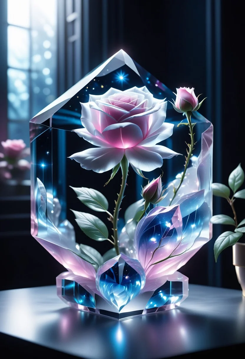 (((videogame_style))), lineart:1.2, (sharp focus:1.2), lineart, flat color, monochrome, greyscale, ((1 blue rose)), (moody lightning:1.2), soft grey light, depth of field, bokeh, 8k, OLED, beautiful blue rose Illuminated by the ethereal glow of studio lightning, the light is reflecting shadows on the blue saphirs, the light reflection sparcles around it, the harmonic play of light and shadow underlines the natural beauty of the blue roses,, (the petals are velvety and silky curved:1.2), (high contrast to catch the play of light and shadows),, one blue rose:(For the viewer, the flower appears alive, as if a glimpse of her inner sparkle is possible),,simple light grey background, by night, peacful and grateful atmosphere, painted hearts, magical atmosphere, (flying pink dahlia inside a transparent crystal cube) on a dessert table in front of a bright window, the moonlight casts a beam of light onto the flower and seems to melt your ice cube in which the flower is located, water mist emanates from the cube, award winning art, deserted space, landscape, detail colour is blue, magical atmosphere, fairytale like