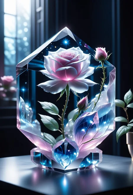 (((videogame_style))), lineart:1.2, (sharp focus:1.2), lineart, flat color, monochrome, greyscale, ((1 blue rose)), (moody lightning:1.2), soft grey light, depth of field, bokeh, 8k, OLED, beautiful blue rose Illuminated by the ethereal glow of studio lightning, the light is reflecting shadows on the blue saphirs, the light reflection sparcles around it, the harmonic play of light and shadow underlines the natural beauty of the blue roses,, (the petals are velvety and silky curved:1.2), (high contrast to catch the play of light and shadows),, one blue rose:(For the viewer, the flower appears alive, as if a glimpse of her inner sparkle is possible),,simple light grey background, by night, peacful and grateful atmosphere, painted hearts, magical atmosphere, (flying pink dahlia inside a transparent crystal cube) on a dessert table in front of a bright window, the moonlight casts a beam of light onto the flower and seems to melt your ice cube in which the flower is located, water mist emanates from the cube, award winning art, deserted space, landscape, detail colour is blue, magical atmosphere, fairytale like