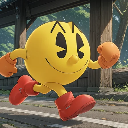 pacmanxl, red shoes, running  <lora:PacmanXL:.6>, (open mouth), (anime, masterpiece, intricate:1.3), (best quality, hires textures, high detail:1.2), (4k),(incredibly detailed:1.4),UHD, 8K, ultra detailed