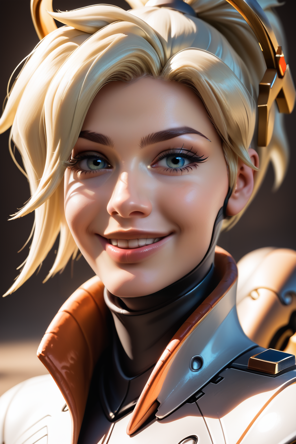 score_9, score_8_up, score_7_up, masterpiece, high quality, realistic, 3d
 <lora:MrcyPonyLora:0.6> mrcy, short hair, high ponytail, halo, high collar, bodysuit, gloves, mechanical wings,  portrait, smile, , in some desert ruins <lora:detailedfacesconcept_PONY_v2:0.5> solo, looking at viewer, portrait