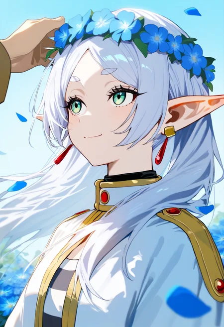 masterpiece, best quality, high score, great score, absurdres, pointy ears, 1girl, frieren, sousou no frieren, long hair, 1boy, flower, head wreath, smile, petals, earrings, jewelry, shirt, elf, blue flower, looking at another, outdoors, green eyes, upper body, long sleeves, striped shirt, striped, sky, solo focus, closed mouth, white hair, falling petals