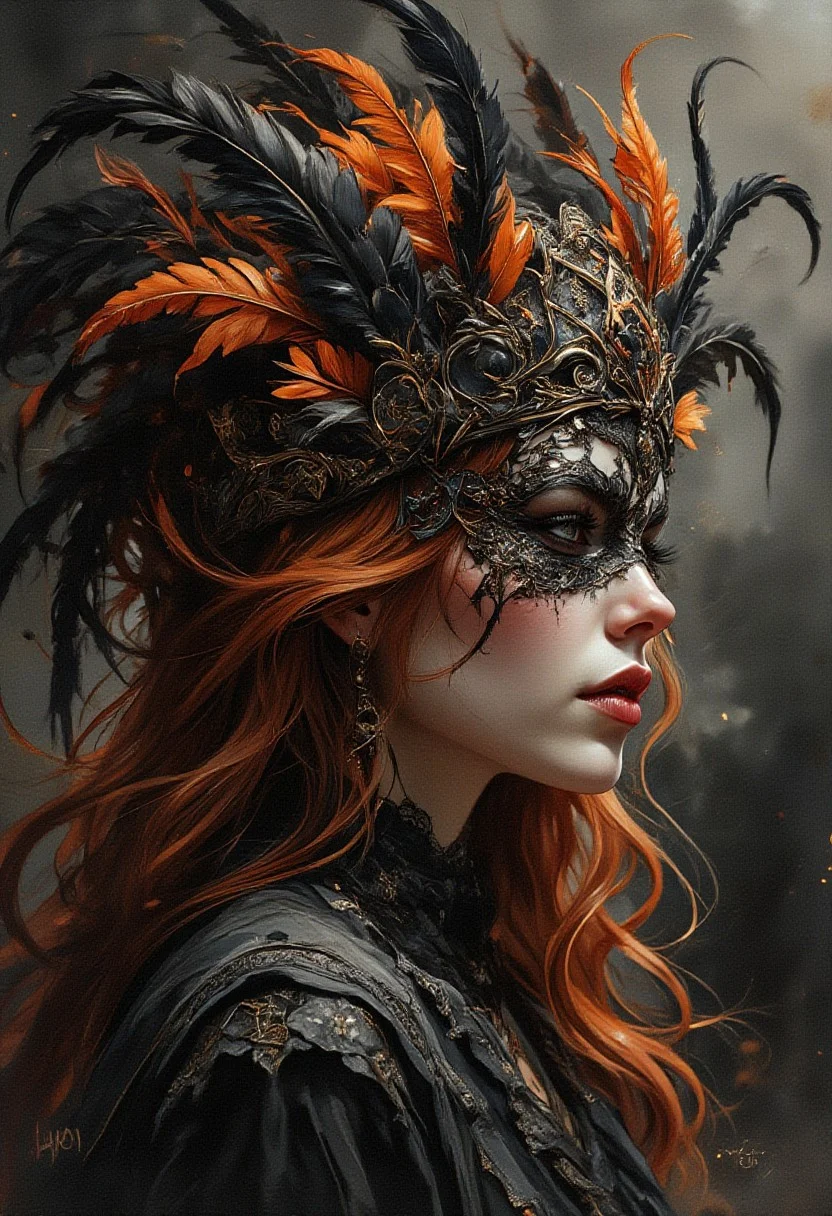 horror, monster, nightmare, fear, illustration, watercolor,
A watercolor and ink wash painting of a dark fantasy scene with a woman in the foreground. She has fiery orange hair and wears an elaborate headdress and mask made from black and burnt orange feathers, combined with intricate lacework. The text "With each day, we change, growing from the lessons life teaches us," is written in a deep, meaningful style. The background is softly blurred, with rich, soft washes of black and orange. The composition exudes a mood of mysterious elegance and dark fantasy. The artist's signature "Super S" is displayed in the bottom left corner.
