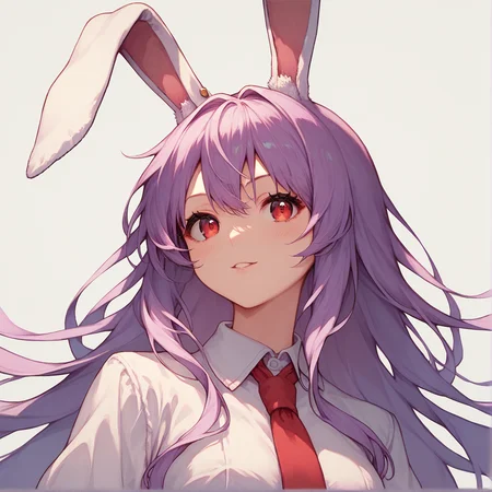 score_9, score_8_up, score_8, score_9, 1 girl, source_anime, <lora:reisen_udongein_inaba_ponyxl-10:1.0>, reisen udongein inaba, purple hair, red eyes, rabbit ears, rabbit girl, long hair, portrait, white shirt, red necktie