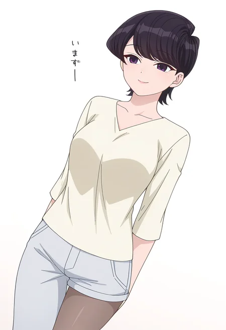 Smooth Quality,masterpiece,very intricate, high quality details, ultra realistic, high detailed skin,detailed enviorement,
simple background, white background,dutch angle,^q^ ,
single leg pantyhose, ,loose pants, , 
<lora:Komi_Shuuko_cnn:0.8> komishuukocnn, 1girl,black hair, short hair, bangs, purple eyes,mature female,shirt,