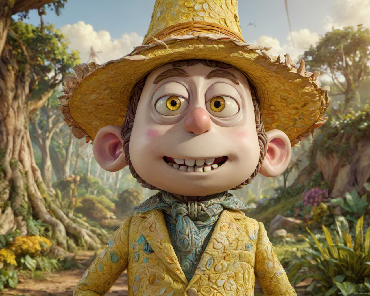 award winning character concept art of anime Alvin on the fauna, decorative elegant sun hat, 8k, happiness, laughing, sunlight, intricate detailed (iridescent:1.2) gossamer suit, close up, warm soft color grading, (4k resolution:1.1) , hyper-realistic, (ultra-detailed:1.3) , Cosmic background radiation eyes, large eyes, electric yellow eyes, <lora:CLAYMATE_V2.03_:1> claymation
