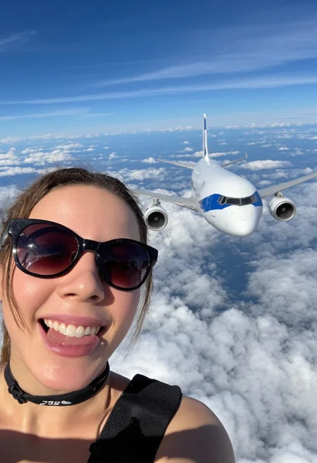 A woman discovers she can fly, soaring over New York beside a 747 jet, the pilots inside the plane looking at her in shock as she takes a selfie, laughing, tongue out