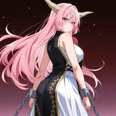 masterpiece, best quality, amazing quality, anime screencap, 1girl, solo, standing, cowboy shot, from behind, looking at viewer, <lora:IbarakiDoujiTH:0.9>, IbarakiDoujiTH, pink hair, long hair, pink eyes, horns, large breasts, black tabard, rose, sleeveless white dress, bare shoulders, white skirt, long skirt, black shoes, cuffs, ball and chain restraint,
