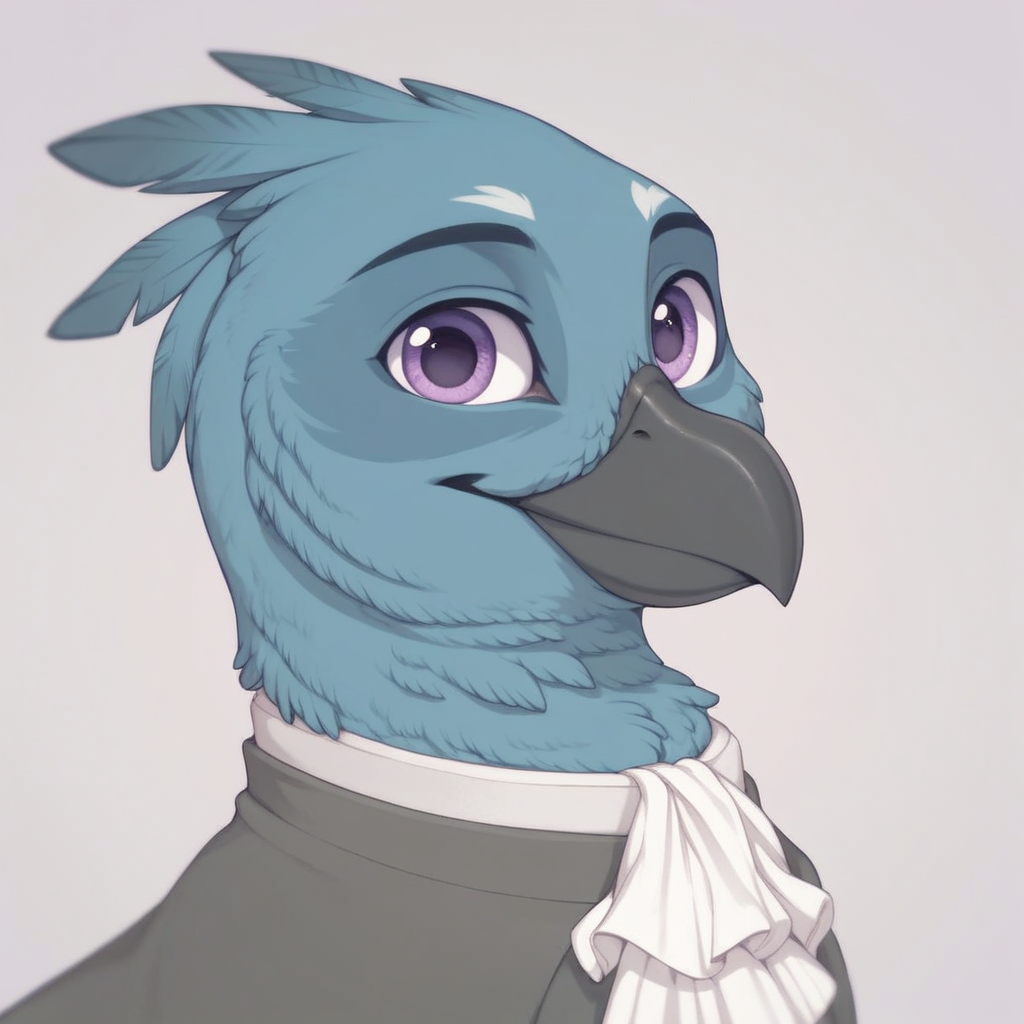 masterpiece, score_9, score_8_up, score_7_up, score_6_up, (best quality:1.1), ultra-detailed, high resolution, 1character, solo, Ondska, griffon, avian, feral, male, (((beautiful detailed purple eyes))), black beak, pastel blue feathers, closed mouth, ;ooking at viewer, noble clothes, white ascot, portrait, simple background, smiling, Highly Visible, sharp focus, anatomically correct, extremely detailed