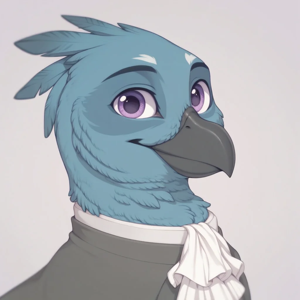 masterpiece, score_9, score_8_up, score_7_up, score_6_up, (best quality:1.1), ultra-detailed, high resolution, 1character, solo, Ondska, griffon, avian, feral, male, (((beautiful detailed purple eyes))), black beak, pastel blue feathers, closed mouth, ;ooking at viewer, noble clothes, white ascot, portrait, simple background, smiling, Highly Visible, sharp focus, anatomically correct, extremely detailed