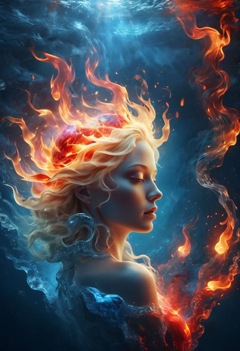 silhouette of a cosmic goddess inside like of dark blue water, blonde hair, blue red eyes, holding elements inside her hand, (masterpiece, best quality, highly detailed,4k, HD, artstation), (magical, air, fire, water, earth:1.2), (composed of fire elements:1.0)