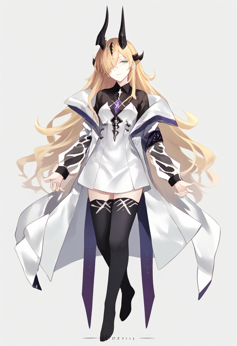 score_9, score_8_up, score_7_up, score_6_up, score_5_up, score_4_up, source_anime, 1girl, solo, 
Eblana, blonde hair, long haior, hair over one eye, hair ornament, dragon tail, dragon horns, strapless dress, white dress, black shirt, long sleeves, see-through sleeves, off-shoulder jacket, white jacket, open jacket, collared shirt, short dress, black sleeves, see-through, black thighhighs, 
masterpiece, best quality, very aesthetic, absurdres,