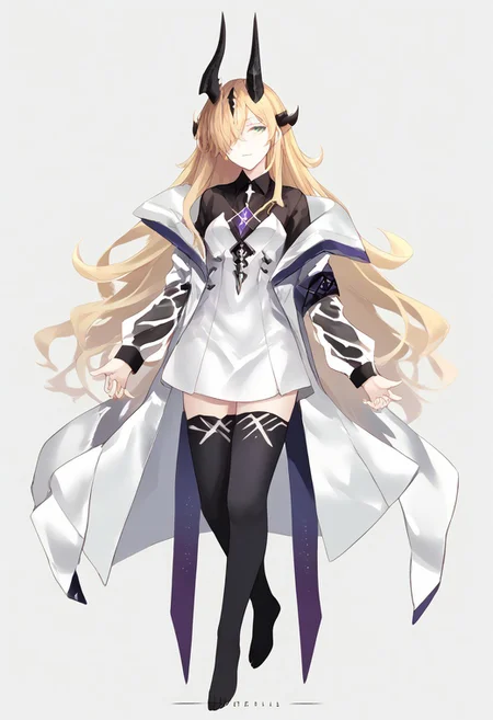 score_9, score_8_up, score_7_up, score_6_up, score_5_up, score_4_up, source_anime, 1girl, solo, 
Eblana, blonde hair, long haior, hair over one eye, hair ornament, dragon tail, dragon horns, strapless dress, white dress, black shirt, long sleeves, see-through sleeves, off-shoulder jacket, white jacket, open jacket, collared shirt, short dress, black sleeves, see-through, black thighhighs, 
masterpiece, best quality, very aesthetic, absurdres,