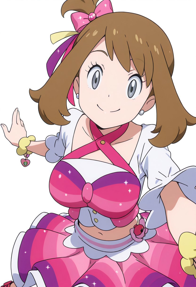 masterpiece, best quality, solo, curvy, beautiful eyes, girl, solo, smile, looking at viewer, dynamic pose, from below, (fisheye), foreshortening, close up,  (leaning forward, eye focus, anime screenshot, 
(upper body), white background, (aged up, large breasts),
zzMayIdol, grey eyes, brown hair, medium hair, one side up, hair ribbon,  skirt, bow, ribbon, jewelry, hair bow, boots, bracelet, cosplay, idol,