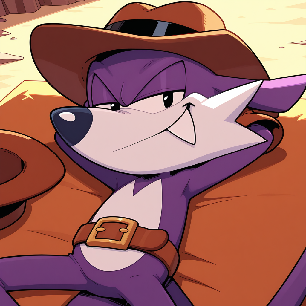 <lora:Fang_the_Sniper_-_Illustrious_V2:1> 1boy, Fang the sniper, stetson hat, belt, lying, on back, gloves, hands behind head, looking at viewer, eyes half closed, smirk, masterpiece, masterwork