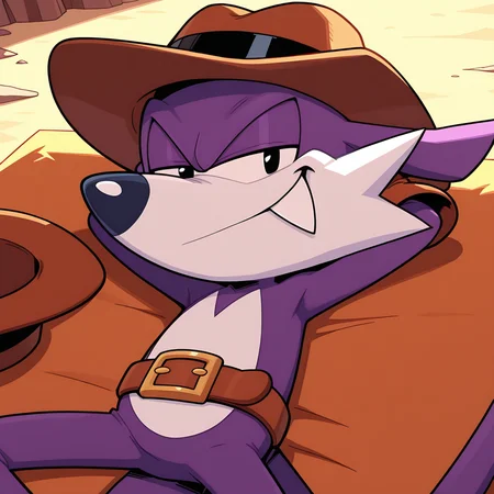 <lora:Fang_the_Sniper_-_Illustrious_V2:1> 1boy, Fang the sniper, stetson hat, belt, lying, on back, gloves, hands behind head, looking at viewer, eyes half closed, smirk, masterpiece, masterwork