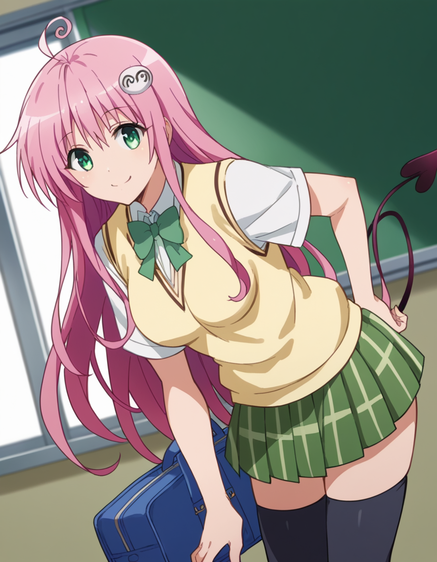 score_9, score_8_up, score_7_up, source_anime,
laladeviluke, <lora:lala-deviluke-darkness-ponyxl-lora-nochekaiser:1>,
lala deviluke, long hair, pink hair, tail, ahoge, bangs, hair ornament, green eyes,
demon tail, green skirt, plaid, plaid skirt, sainan high school uniform, school uniform, skirt, sweater vest, thighhighs, yellow sweater, short sleeves, bow, green bow,
indoors, classroom, bent over, smile,
looking at viewer, cowboy shot, dutch angle, solo,