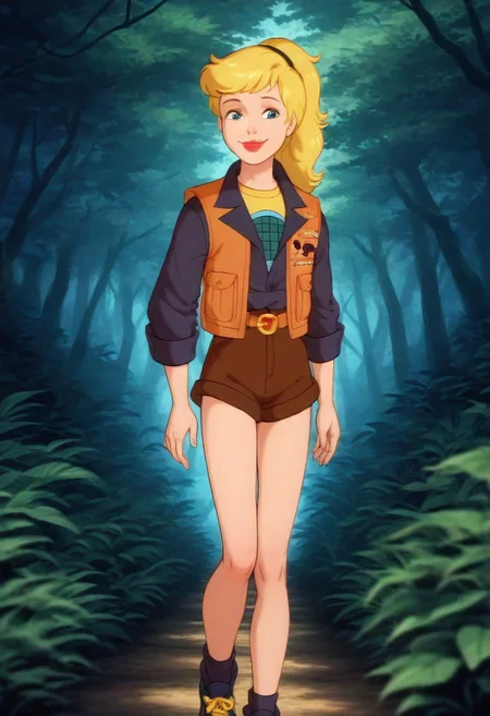 very awa, masterpiece,best quality,amazing quality, best quality, newest, absurdres, highres, detailed background, detailed hair, depth of field, detailed skin, best quality, amazing quality, very aesthetic, high resolution, ultra-detailed, absurdres, OverallDetailXL, skinny, narrow waist, xlinkax, blonde hair, long hair, ponytail, blue eyes, lipstick, jacket, vest, shirt, belt, short shorts, socks, sneakers, f0rkedta1l, solo, looking at viewer, facing viewer, smiling, closed mouth, rainforest, thick_canopy, filtered_light, root_network, 1980s \(style\),,