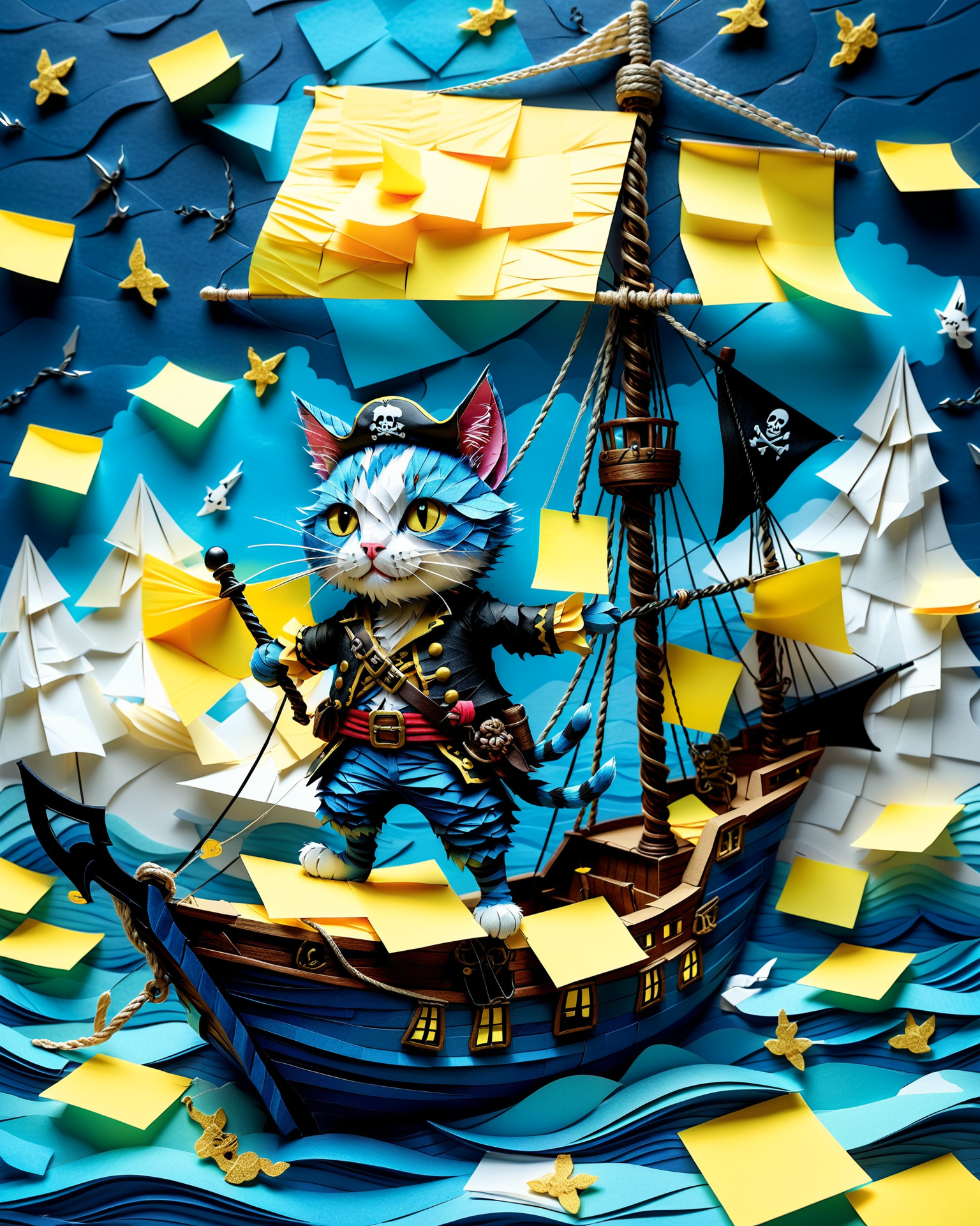 (masterpiece:1.2), (best quality:1.2), highly detailed, realistic texture, sharp details, extremely delicate and beautiful, realistic cg 8k wallpaper
<lora:add-detail-xl:2> <lora:StickyNotesStyle:0.7>  <lora:TQ_-_Paper_Quilling_Art_XL_r1:0.6> (cute:1.2), whimsical, Jed-StickyN, 
 a pirate cat swinging from a shipâs mast woven from braided sticky notes, sea below a crinkled sheet of blue post-its, mid-battle energy, lightning fork in the distance