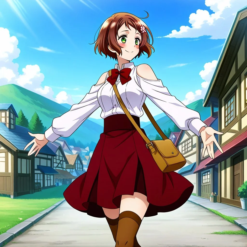 masterpiece, best quality, anime_screencap,
1girl, solo, lisahetalia, short hair, brown hair, hair flower, green eyes, hair between eyes, hair ornament, breasts, blush, smile, hairclip, collared shirt, white shirt, long sleeves, dress shirt, bangs, red bowtie, shoulder bag, cloud sky, portrait, looking side, bare shoulders, walking, red skirt, brown thighhighs, arms stretched, arms up, outside, village, cloud sky,