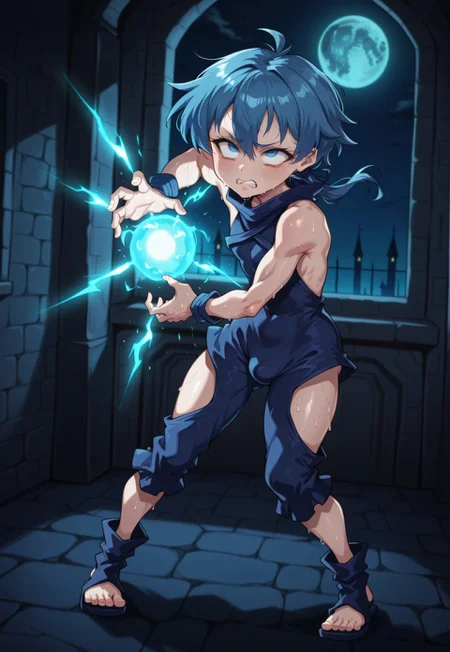 safe_pos, <lora:MantisIXL_v2:0.65>, very awa, masterpiece, best quality, very aesthetic, absurdres, solo, solo male, detailed face, detailed eyes, iparupua, BREAK (1male, lloyd_assa, blue hair, blue eyes, sleeveless, blue bodysuit, sandals, wristband, low ponytail, hair between eyes, (grief, pain, suffering, stress, anguish, frown, despair, teeth clenching, anger:1.4), thick lips, (muscular+slender+skinny:1.4), flat chest, bubble butt, hip bones, huge thighs, bulge, almond nails, sweaty), kamehameha, energy ball, aura, front view, looking at viewer, BREAK realistic, inside, indoors, stone floor, cathedral, stone walls, building, night, night time, dark, full moon, detailed background