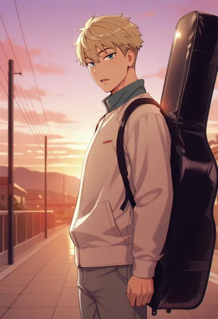 masterpiece,best quality,amazing quality, twilight, blonde hair, short hair, blue eyes, 1boy, male focus, solo, jacket, instrument case, looking at viewer, pants, grey pants, long sleeves, open mouth, cowboy shot, sunset, outdoors, standing