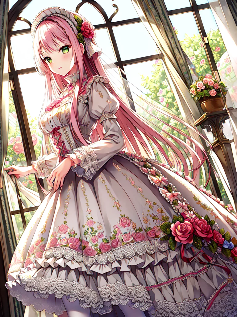 ((masterpiece)),((best quality)),(ultra-detailed),(illustration),((an extremely delicate and beautiful)),(dynamic angle),
1girl, flowers, spring, beside window, rose, very long hair, detailed face, long eyelashes, flower in eye, frilled sleeves, corset, tiara, princess,
green eyes, wide-eyed, clear sky, daylight, sunny, pink and white dress, flowers, hair ornament, white lace-trimmed legwear, pink hair, hair flower, patterned clothing, floral print, candy patterned dress, (lo sweet:1.4), <lora:lo_fashions_v5:0.64>