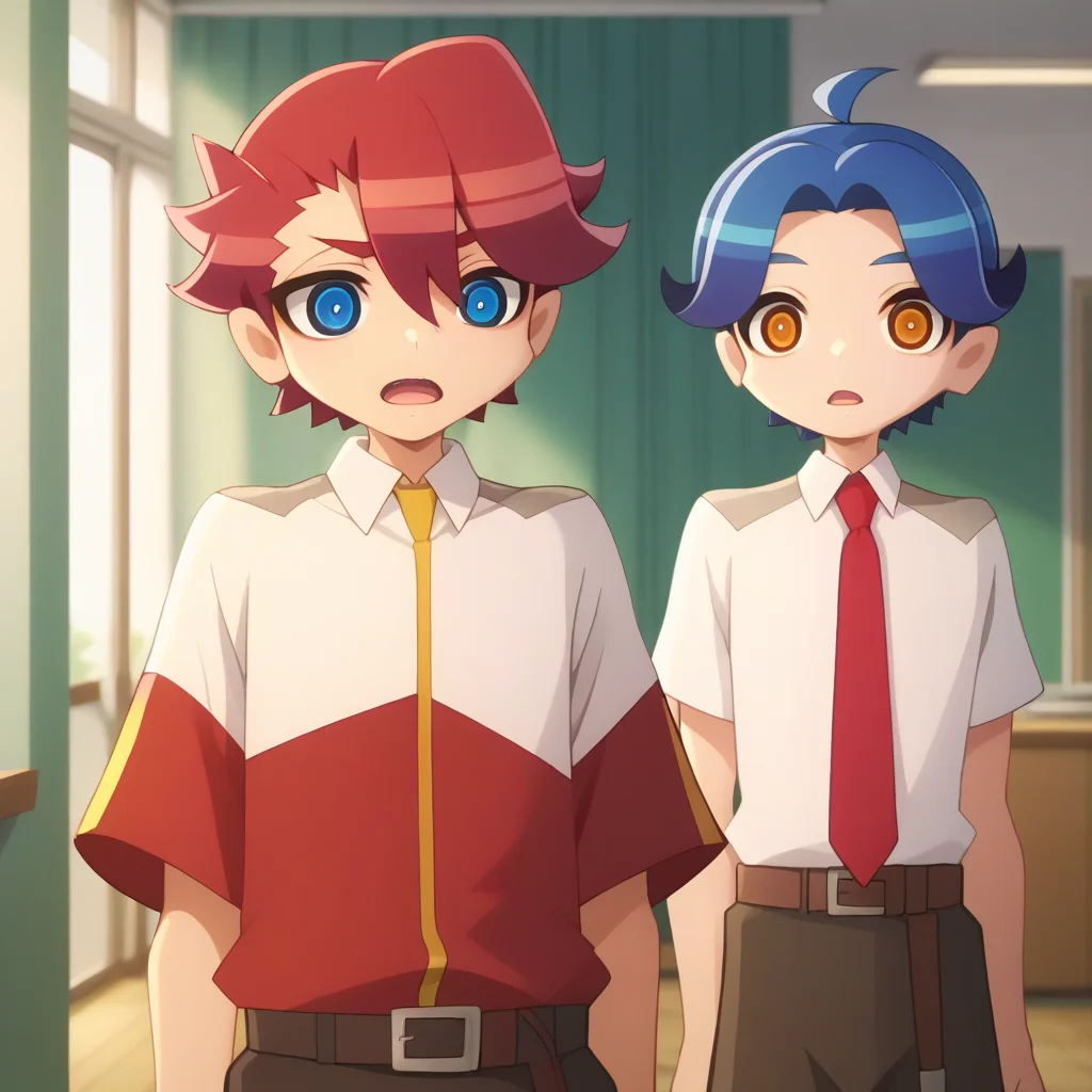 score_9,score_8_up,score_7_up,score_6_up,score_5_up,score_4_up,rimiya tsukishiro,sakko otori,multiple boys,2boys,necktie,open mouth,male focus,indoors,(belt:0.7),shirt,white collared shirt,white-red jacket,brown pants,anime screenshot,<lora:Myth_of_Emotions_V1-1:1>,