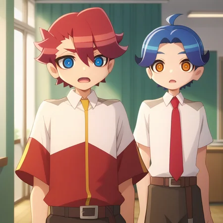score_9,score_8_up,score_7_up,score_6_up,score_5_up,score_4_up,rimiya tsukishiro,sakko otori,multiple boys,2boys,necktie,open mouth,male focus,indoors,(belt:0.7),shirt,white collared shirt,white-red jacket,brown pants,anime screenshot,<lora:Myth_of_Emotions_V1-1:1>,