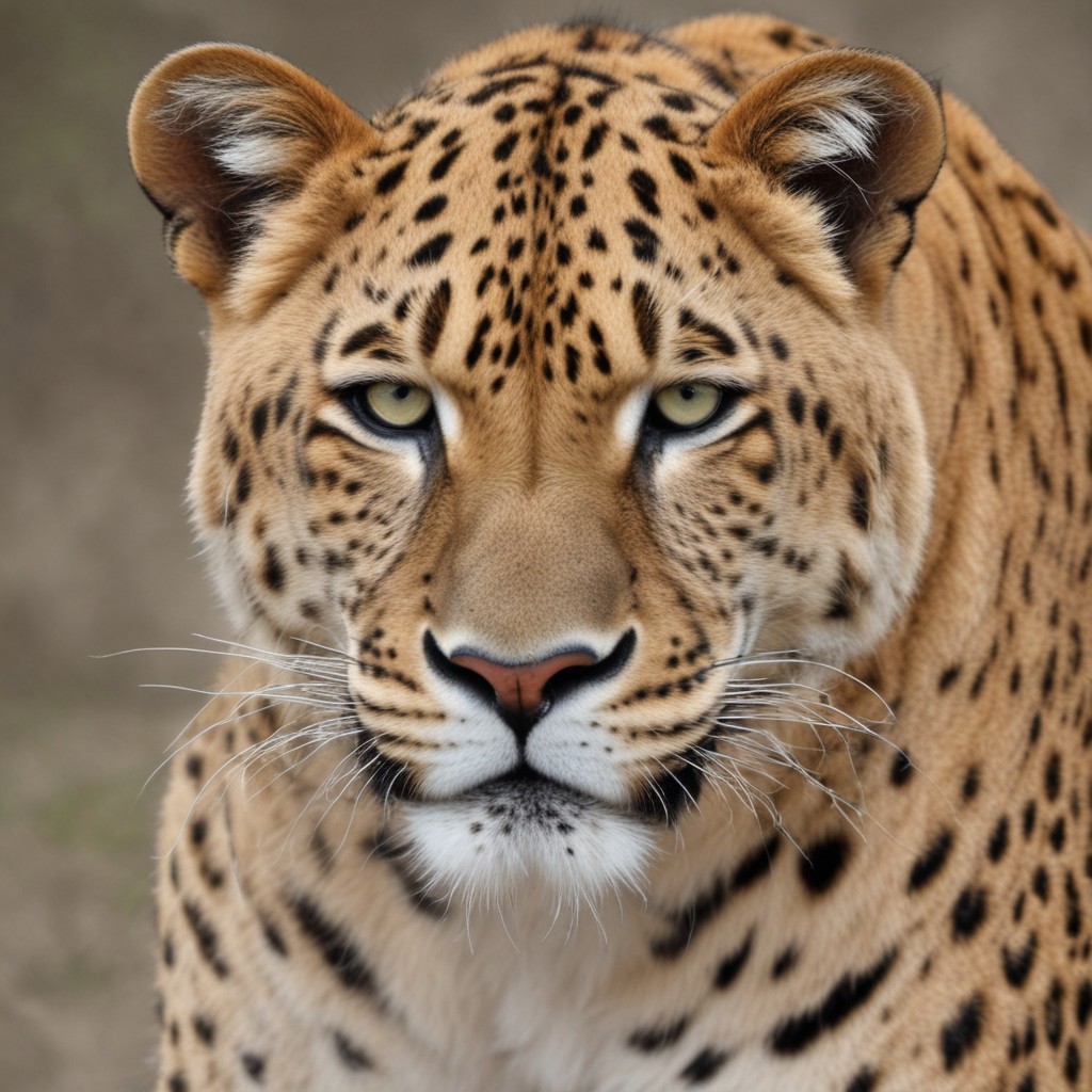 hybrid panthera ancestral power animal with characteristics of several modern felines, scars, leopon, tigon, snow, yellow eyes, blue sky, whiskers, water,