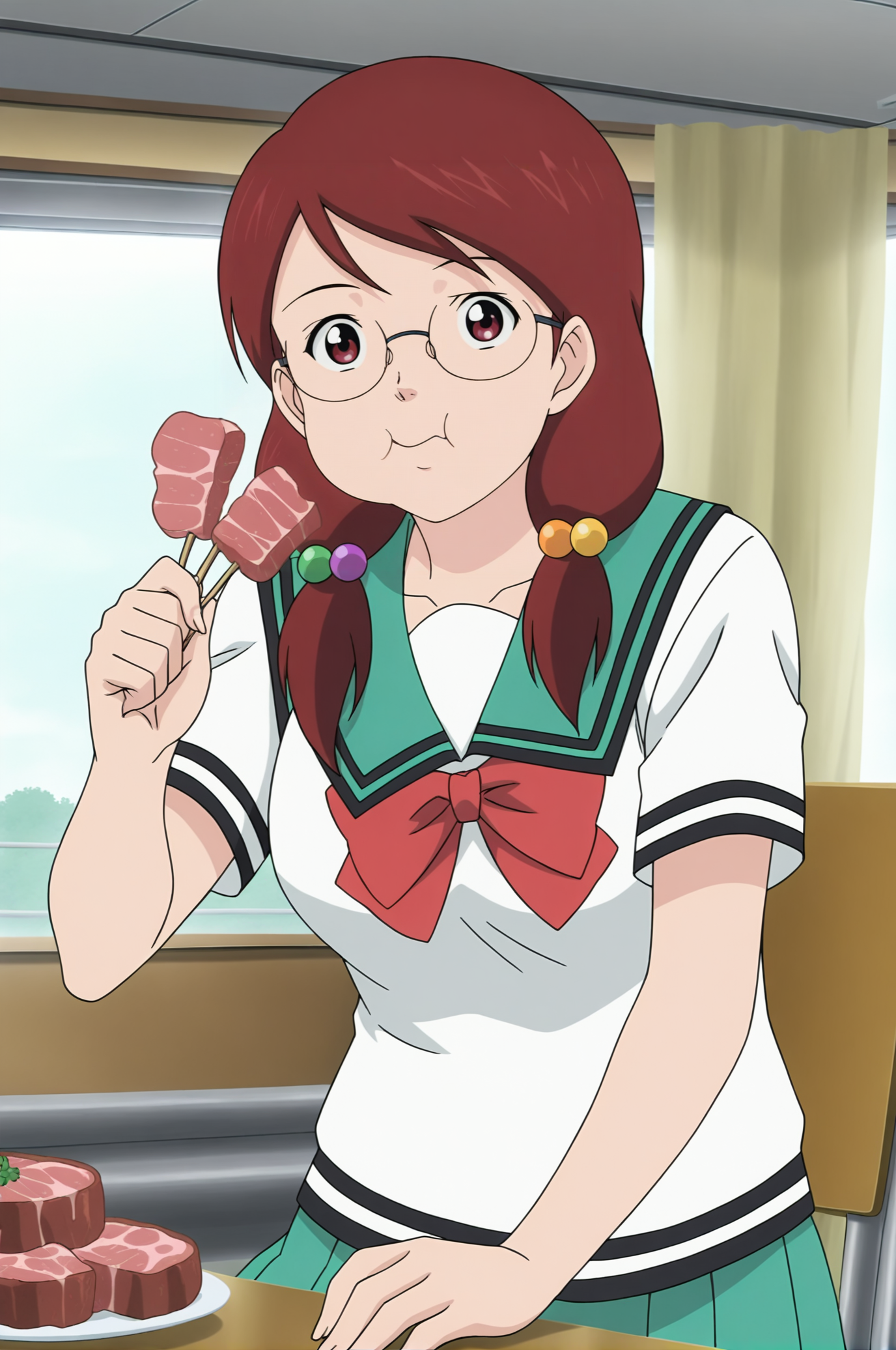 anime screencap,anime coloring,detailed face,masterpiece,best quality,very aesthetic,absurdres,volumetric lighting,official style,amazing quality,ultra detailed,highres,amazing quality,scenery,beautiful detailed hair,beautiful detailed eyes,official anime artwork,
<lora:Mera Chisato-IL V1:1>,Mera Chisato,1girl,solo,glasses,red hair,hair ornament,hair bobbles,school uniform,serafuku,skirt,eating,meat,