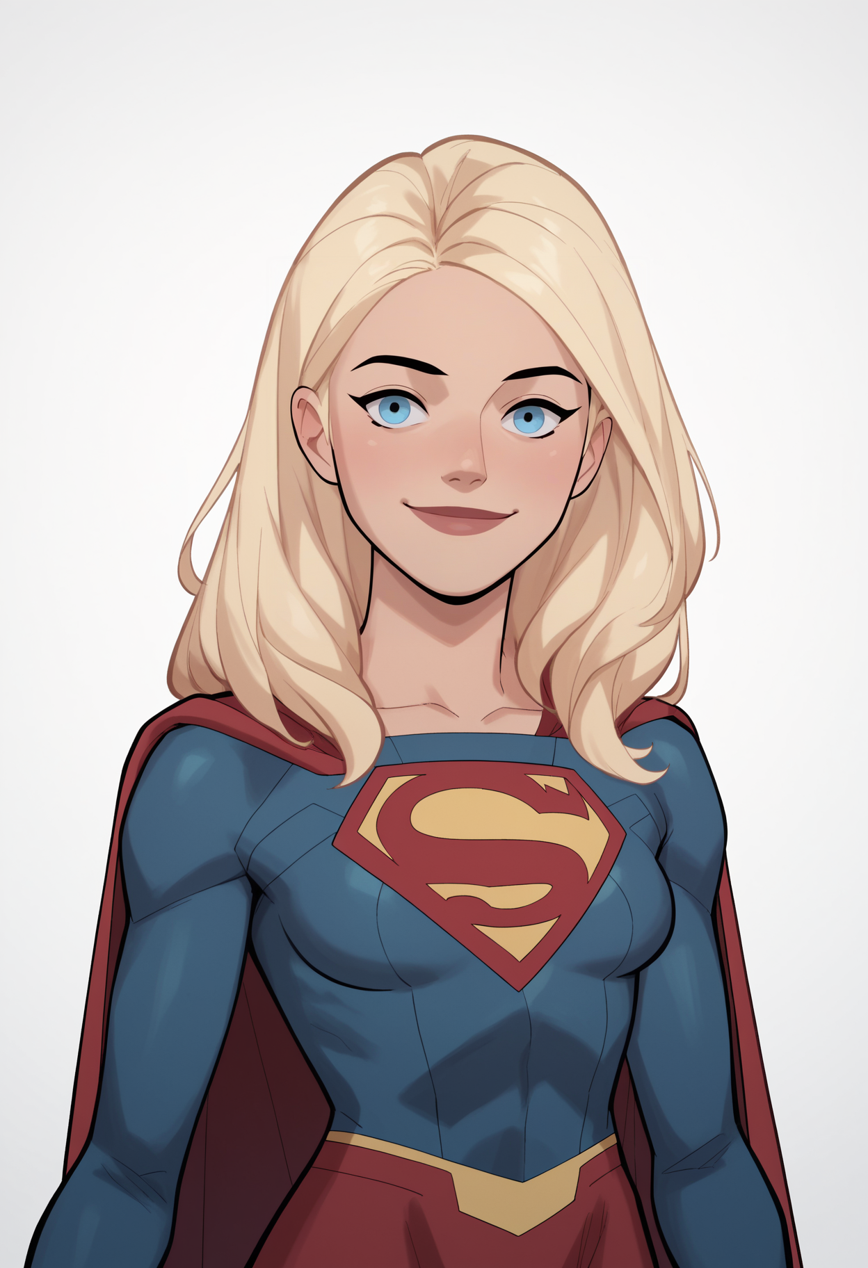 score_9, score_8_up, score_7_up, score_6_up, score_5_up, score_4_up, BREAK,
1girl, losspgirl, blonde hair, long hair, blue eyes,
bodysuit, long sleeves, red cape, red skirt,
smile, upper body, looking at viewer, solo, simple background, white background   <lora:SuperGirlDCXL:1>