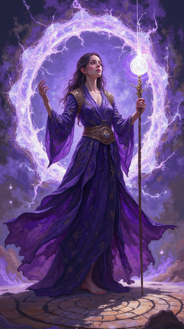 A finely detailed, mid-close-up fantasy scene of a powerful sorceress standing before a glowing magic portal. Her flowing robes are covered in intricate, arcane patterns that shimmer with a faint purple hue. She holds a staff topped with a floating crystal orb, casting a soft, radiant light. Behind her, the portal swirls with ethereal energy, casting dynamic shadows on her face and highlighting her intense expression. The ground around her is cracked, with magical runes glowing faintly in a spiral, and faint mystical sparks rise from her fingertips, hinting at her immense power.
 <lora:flux_detailed_v2_flux_ntc:0.7> <lora:FLUX-daubrez-DB4RZ-v2:0.7> <lora:detailed:0.7>