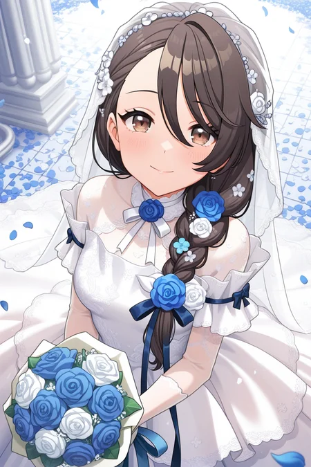 masterpiece, best quality, amazing quality,
 <lora:Aoi_IL:1> aoi, 1girl, dress, flower, white dress, bouquet, wedding dress, solo, braid, petals, holding bouquet, long hair, hair ornament, looking at viewer, holding, smile, hair flower, gloves, white gloves, ribbon, blue flower, brown eyes, white flower, long dress, bangs, hair over shoulder