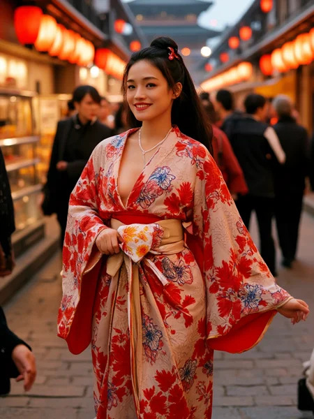 --,A girl dressed in a brightly colored kimono with red sakura patterns, draped with a light pink silk shawl, and tied at the waist with a large butterfly bow belt embroidered with gold threads. Her jet-black long hair is tied up high, adorned with red floral hairpins, with a few playful strands hanging near her ears. She lifts the hem of her kimono with both hands, posing as if walking gracefully. The wooden clogs make crisp sounds on the stone-paved road. Her face beams with a sweet smile, her eyes sparkling with excitement, and her cheeks slightly flushed, exuding a vibrant and youthful charm. A small floral-patterned cloth bag hangs from her wrist, swaying gently with her steps.The bustling temple fair street is lined with red lanterns on both sides, their warm light bathing the street in a golden glow. Various stalls are filled with traditional snacks and games, and the aroma of food wafts through the steamy air. In the distance, the flying eaves of an ancient temple can faintly be seen. The scene is shot from a slightly overhead angle, capturing the moment the girl walks by. The background is deliberately blurred to highlight the figure while preserving the lively atmosphere of the street. The surrounding pedestrians form hazy silhouettes, and the lighting casts a soft glow on the girlâs kimono, creating a joyful and cozy traditional festival ambience.
18yo beautiful cute asian girl with blushing and female orgasm,looking at viewer,she skin is naturally showing the texture of blood vessels and detailed pale skin,
--,
--,<lora:Hsu_Chi_majicf1_rank2_bf16:1>,she is Hsu Qi,a super model,
--,
--,