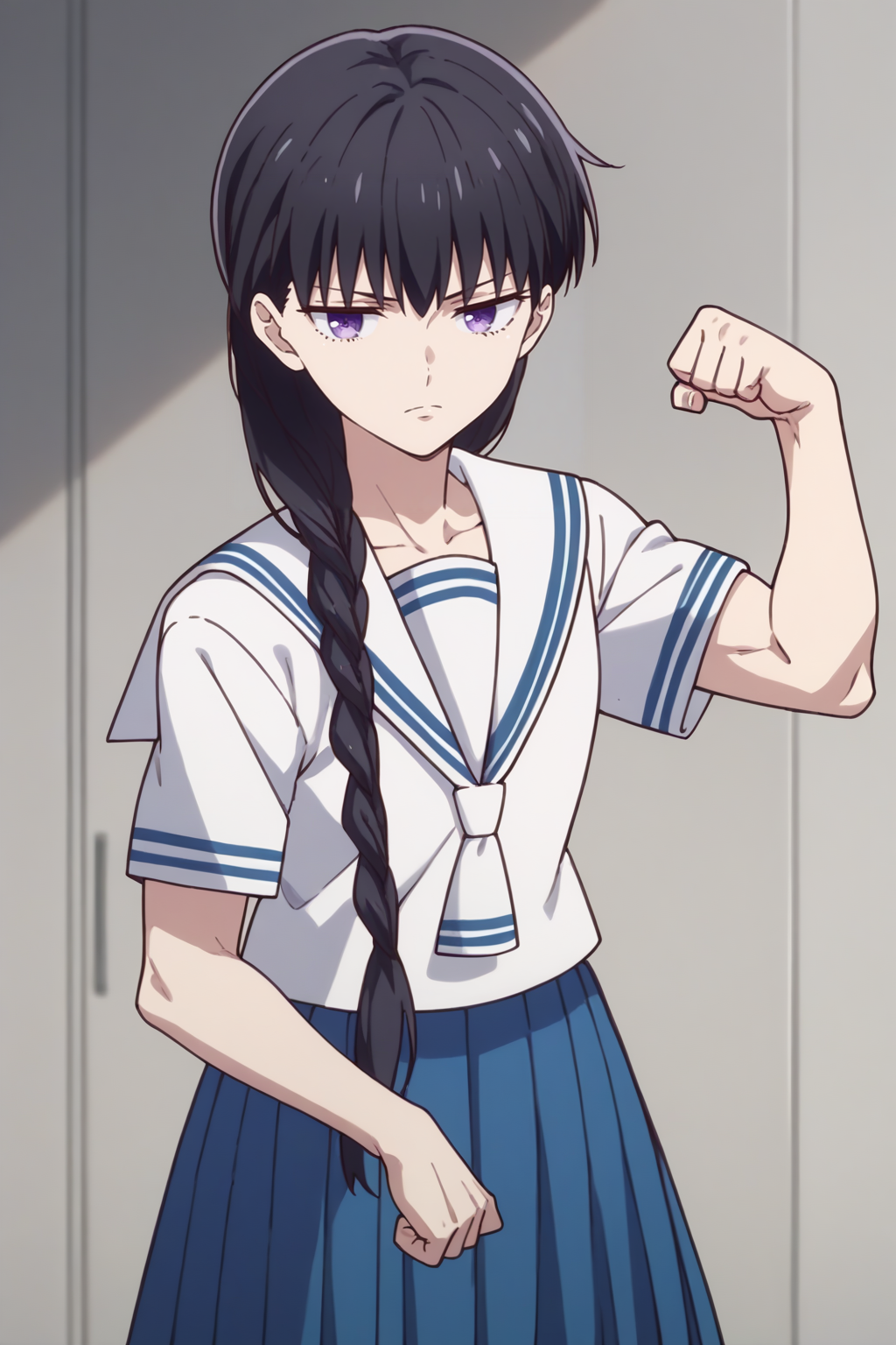 score_9, score_8_up, 1girl, solo, <lora:NSSakiBasket:1> NSSakiWhite, black hair, long hair, braid, hair over shoulder, purple eyes, serafuku, white shirt, pleated skirt, blue skirt, short sleeves, flexing