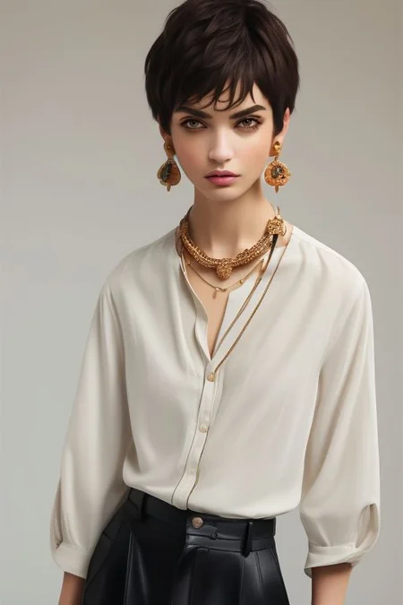 masterpiece, best quality, ultra detailed, perfect_eyes, bellissima, 1girl, pale skin, collared shirt, brown pants, Armani style, very very short hair, black hair, earrings, chain necklace, cowboy_shot, theme dark