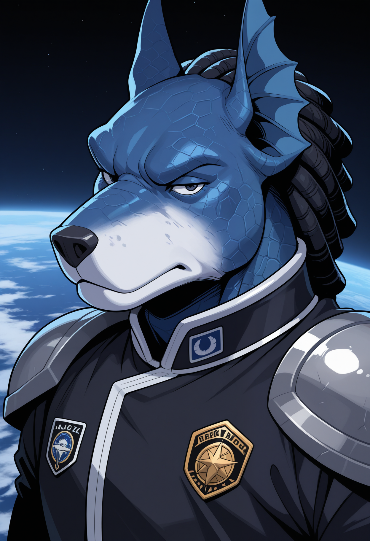 masterpiece,best quality,amazing quality, 1boy, solo, 4nub1sPR, furry, 1boy, blue scales, black dreadlocks, space robe, shoulder pads, close up, looking at viewer, badge, badge emblem,  close up, side angle, looking at viewer, earth,