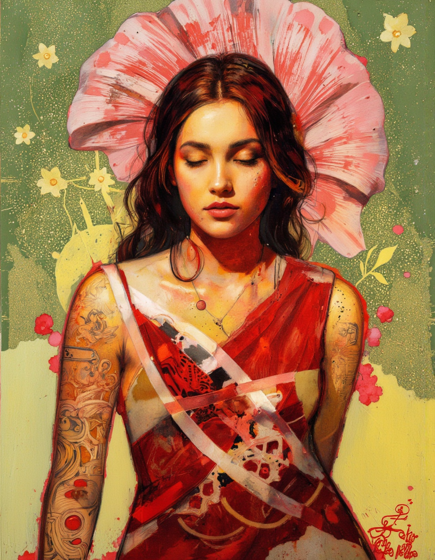 . A digital painting of a portrait of a woman with a striking red and yellow color scheme, featuring a blend of abstract and surreal elements. the woman, who appears to be in her mid-twenties, is positioned in the middle of the frame, facing the viewer with her eyes closed and her lips slightly parted. her hair is styled in a long, flowing manner, and she has a serene expression on her face. she is wearing a sleeveless top with a geometric pattern, and her body is slim. the background is a textured, abstract mix of green, yellow, and pink, with a mix of light and dark colors blending together to create a sense of depth and dimensionality. the artwork is signed "Peshu" in the bottom right corner, adding a personal touch to the overall composition.