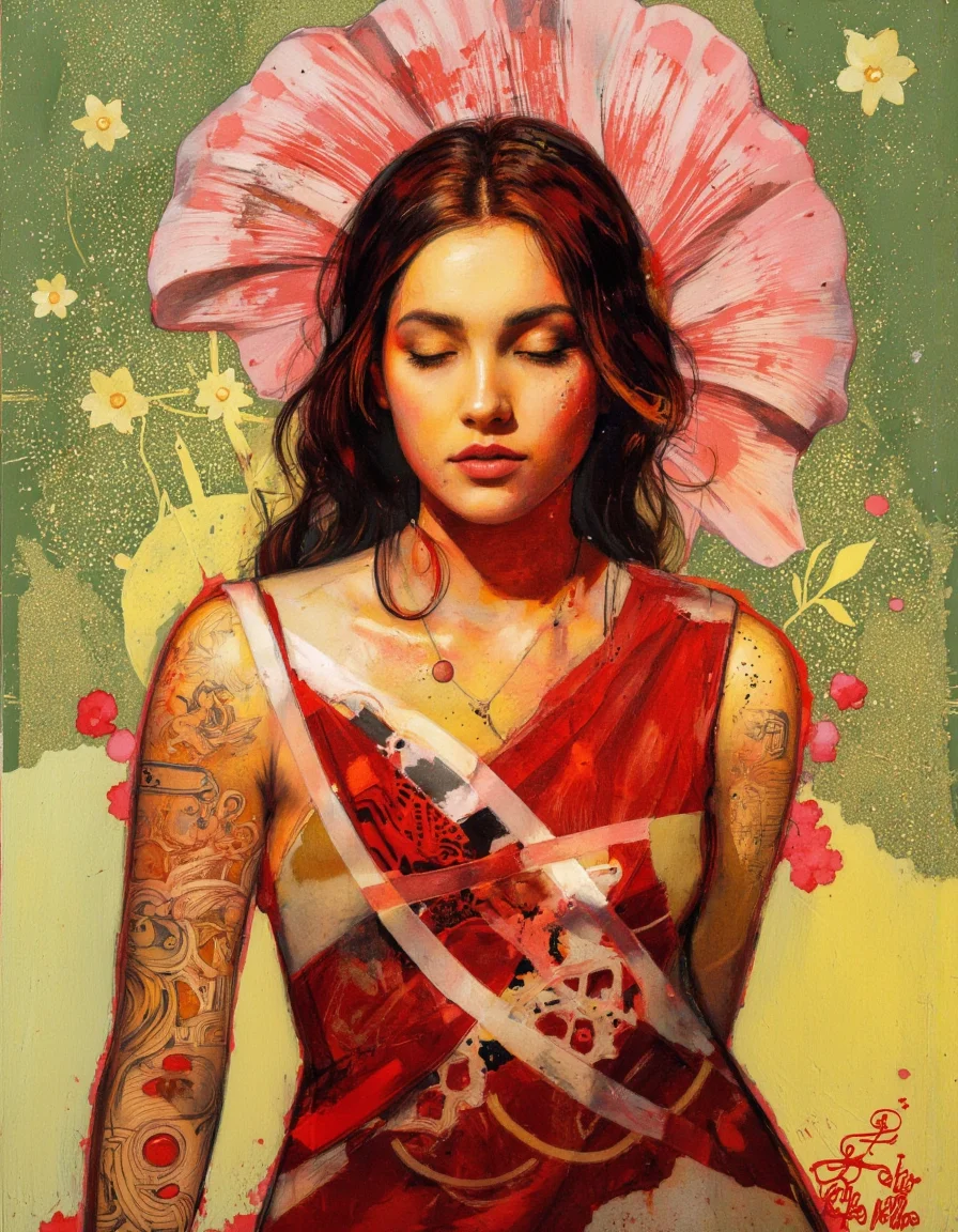 . A digital painting of a portrait of a woman with a striking red and yellow color scheme, featuring a blend of abstract and surreal elements. the woman, who appears to be in her mid-twenties, is positioned in the middle of the frame, facing the viewer with her eyes closed and her lips slightly parted. her hair is styled in a long, flowing manner, and she has a serene expression on her face. she is wearing a sleeveless top with a geometric pattern, and her body is slim. the background is a textured, abstract mix of green, yellow, and pink, with a mix of light and dark colors blending together to create a sense of depth and dimensionality. the artwork is signed "Peshu" in the bottom right corner, adding a personal touch to the overall composition.