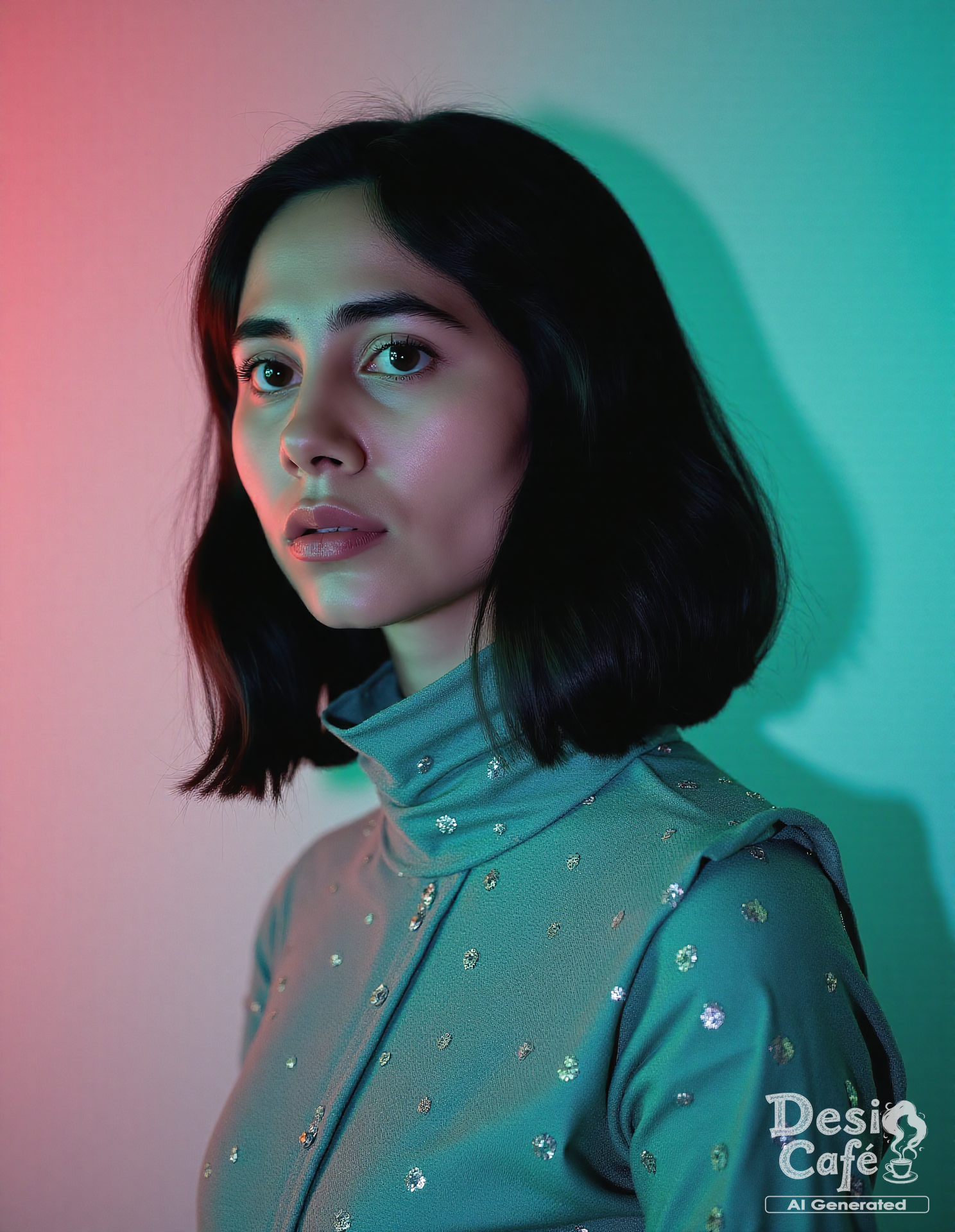 black and white photo of z4hr4h kh4n woman, hyper realistic photo that is safe for work, angry, studio quality image with natural colors, well dressed wearing intricate turtleneck Teal Bandhani Dress, hair styled as  bob,muted pastel shaded multicolored background that contrasts with the person, cinematic lighting,âââââ âââ <lora:z4hr4h_kh4n_Zahrah_Khan_Flux_Kohya_V1:1>âââ