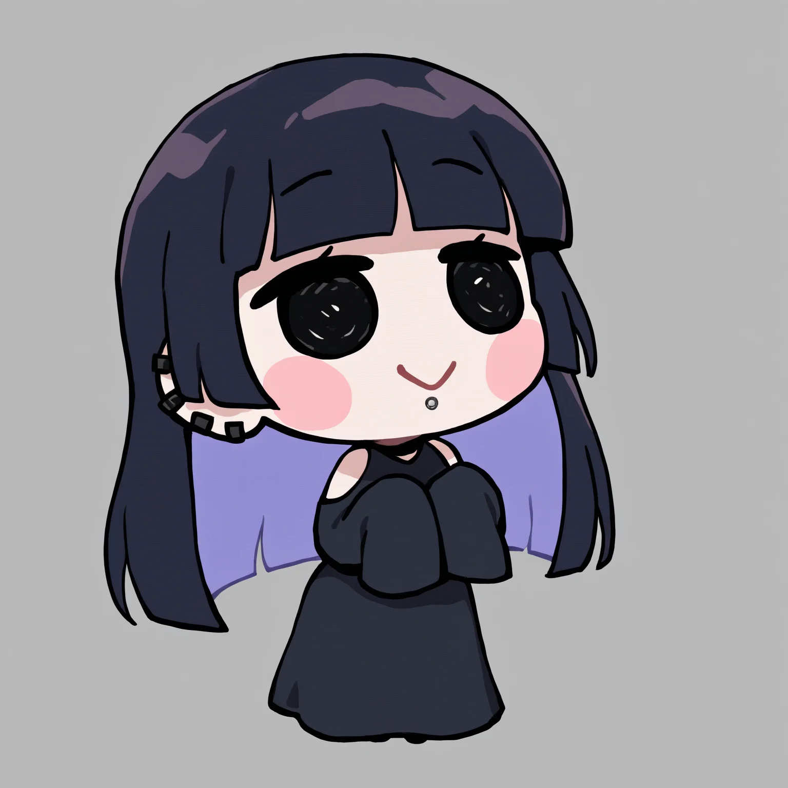 masterpiece, best quality, newest, chibi, full body, blush stickers, black eyes, solo, 1girl, p4s4n, ear piercing, lip piercing, smile, colored inner hair, black hair, purple hair, hime cut, long dress, black dress, shoulder cutout, sleeves past fingers, bare shoulders, simple background
<segment:yolo-Anzhc Face seg 640 v3 y11n.pt,0.4,0.6//cid=11>
